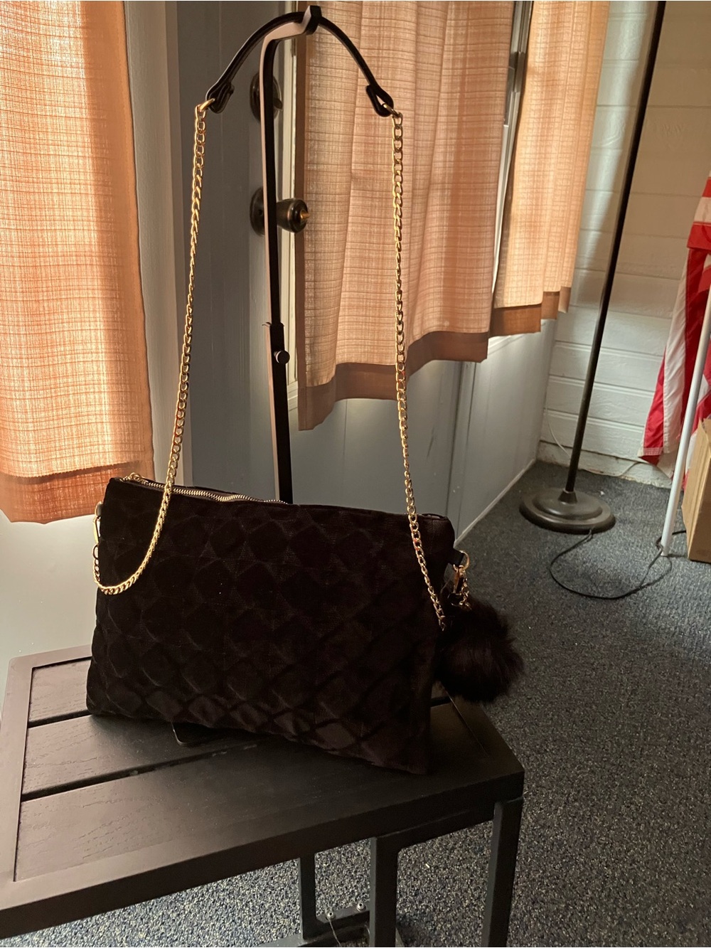 Quilted Black Chain-Handle Shoulder Bag with Fur Pom Accent